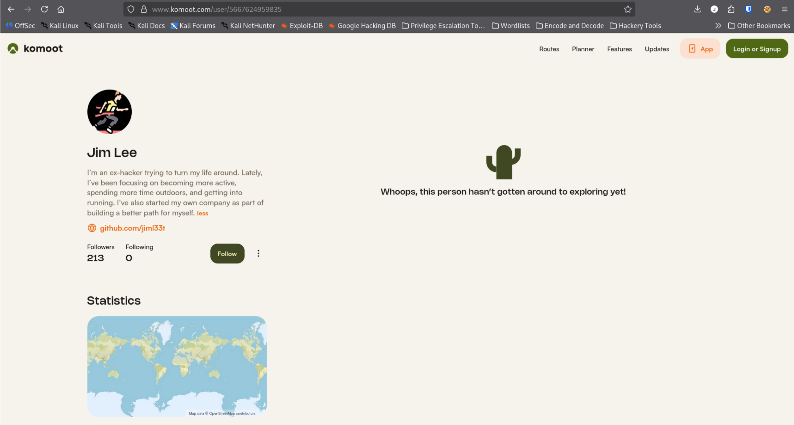 Komoot profile for Jim Lee showing bio, follower count, and linked GitHub
